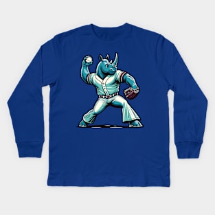 Throwback rhino pitcher - Vintage 1990s Cartoon Style Baseball Art Kids Long Sleeve T-Shirt